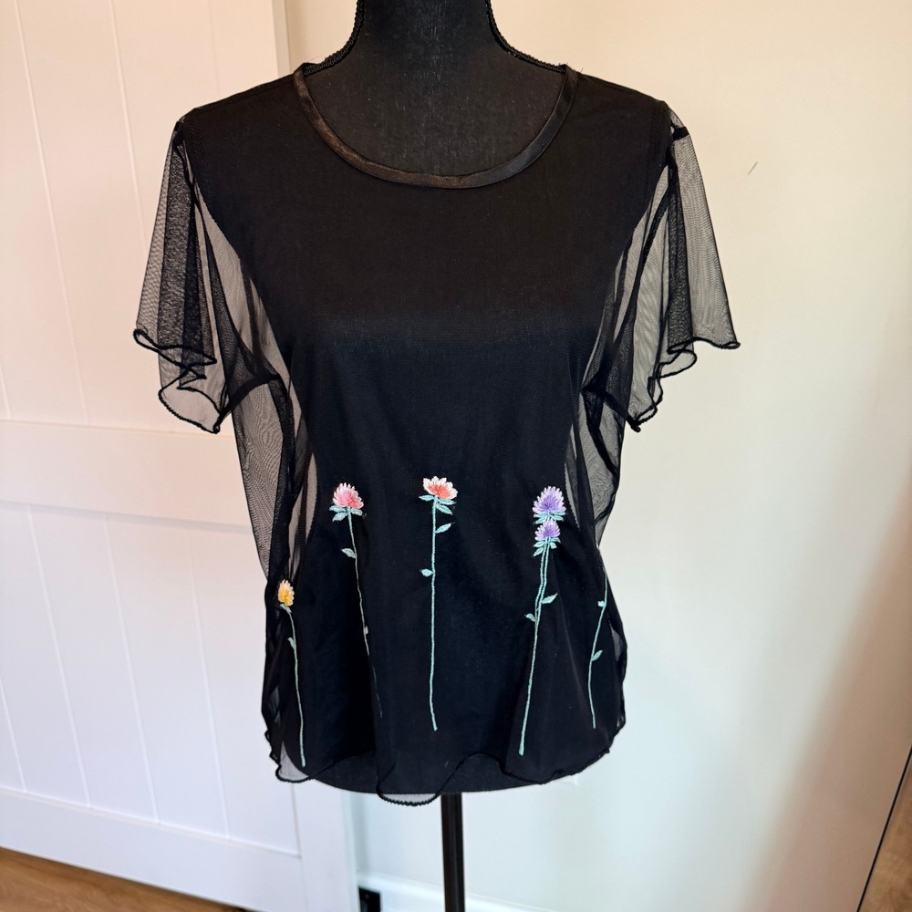 Nash Black Sheer Mesh Floral Embroidered Short Sleeve Top Women Medium